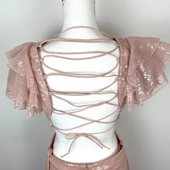 Mac Duggal Sequined Ruffled Cut Out Lace Up Gown In Rose Pink 10829 Size 8 New - Picture 10 of 16